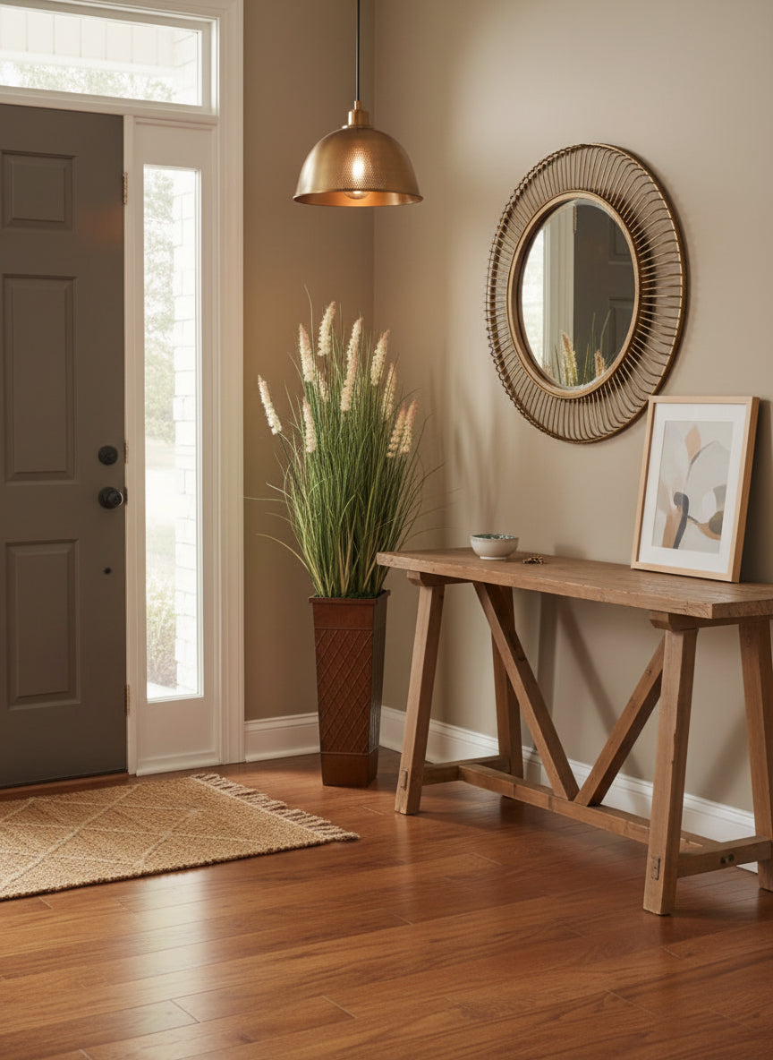 Artificial cattail grass floor vase with faux leather metal container